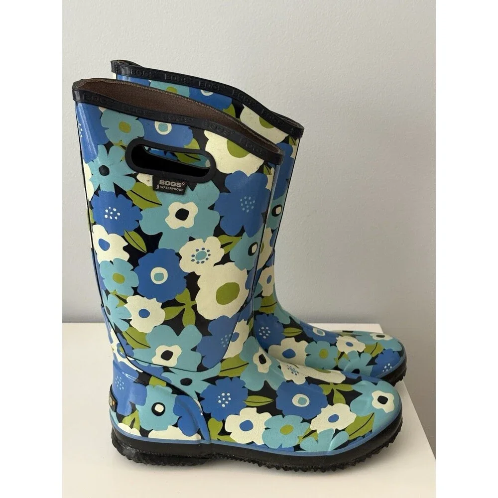 Bogs Rain Boots Blue Spring Flower Rubber Waterproof Gardening Women's Size 11